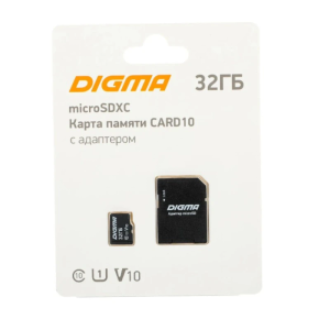 Карта памяти Micro SD 32Гб Digma DGFCA032A01 CARD10 + adapter  Class10