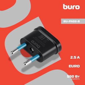 Переходник питания Buro BU-PA02-B евро-вилка, плоская - на обычную (1 розетка) черный (пакет ПЭ)