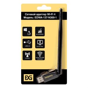Сетевой адаптер Wi-Fi 4 ExeGate EDWA-137-N300-1 (Беспроводной USB адаптер, Wi-Fi N (b/g/n), чипсет R