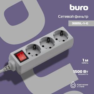 Сетевой фильтр Buro 300SL-1-G 3 розетки серый (пакет ПЭ) 1м