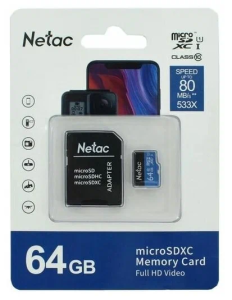 Карта памяти MicroSD 64Гб Netac NT02P500STN-064G-R P500 с адаптером