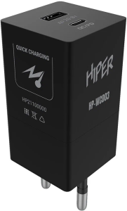 Зарядное устройство Hiper HP-WC003 20W 3A+2.22A (PD+QC) USB-C/USB-A универсальное черный