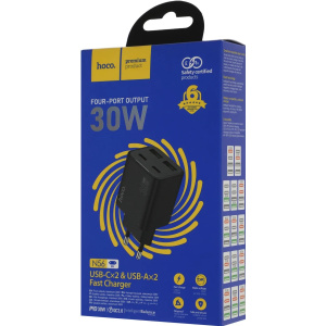 зарядное устройство hoco n56 fundador 30w 3a (pd) 2xusb+2хusb type-c универсальное черный