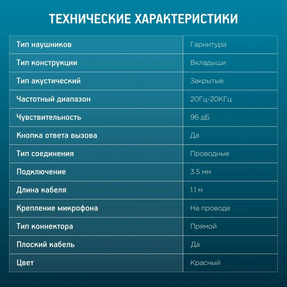 наушники с микрофоном оклик hs-s-210 красный, проводные 1.2м, вставные разъем 3,5мм