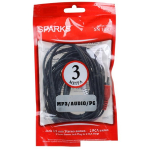 кабель audio стерео 3,5mm джек(m) - 2rca(m) 3m sparks sn1037